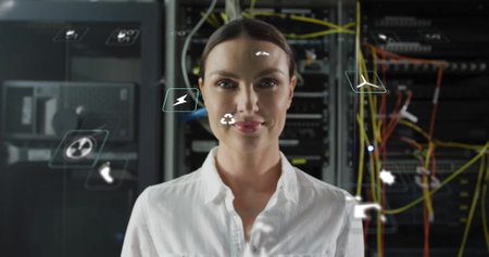 Image of eco icons and data processing over caucasian businesswoman by computer servers. Global...