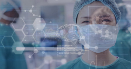 Image of data processing with molecules and brains over asian female surgeon in hospital. Global medicine, science, computing and digital interface concept digitally generated image.の写真素材