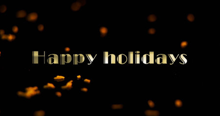 Image of happy holidays text over yellow rocks falling. Technology, christmas and digital interface concept digitally generated image.の写真素材