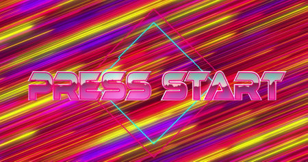 Image of press start text over neon pattern background. Global image game, digital interface,...
