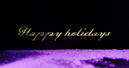 Image of happy holidays text over purple rocks falling. Technology, christmas and digital interface concept digitally generated image.の写真素材