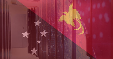Image of flag of papua new guinea over server room. Patriotism, technology and digital interface concept digitally generated image.の写真素材