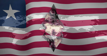 World map and diamond shape image over waving American flag. Patriotism, USA, overlay, unity, pride, geographyの写真素材