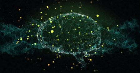 Neural network image with glowing particles over dark background. Technology, artificial intelligence, futuristic, digital, data, motionの写真素材