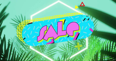 Sale text over tropical leaves and geometric shapes, colorful image. discount, banner, advertisement, marketing, design, vibrantの写真素材