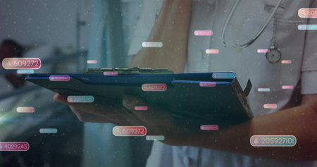 Writing on clipboard, doctor with medical data image over background. Healthcare, technology, patient, information, healthcare worker, digitalの写真素材