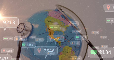 Social media notifications image over globe with stethoscope. Globalization, healthcare, connectivity, technology, communication, internetの写真素材