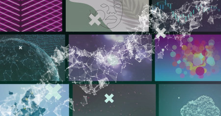 Digital network connections and data processing over various abstract images. Technology, innovation, futuristic, internet, communication, cybersecurityの写真素材