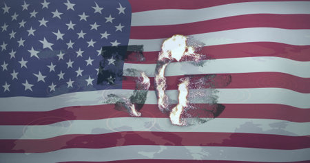 American flag with world map and 5g text image. patriotism, usa, stars and stripes, red, white, blueの写真素材