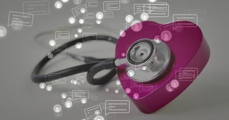 Stethoscope and heart shape with social media icons image. Healthcare, medical, cardiology, digital, technology, onlineの写真素材