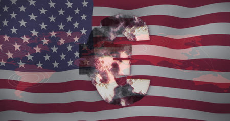 Euro symbol image over american flag and world map background. patriotism, usa, celebration, digital, technology, motion graphicsの写真素材