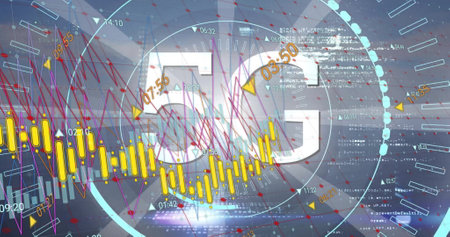 Image of 5g text, financial data processing over grid and dark background. Global finance, business, connections, computing and data processing concept digitally generated image.の写真素材