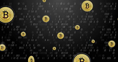 Bitcoin symbols with binary code image over dark background. Cryptocurrency, blockchain, digital, finance, currency, technologyの写真素材