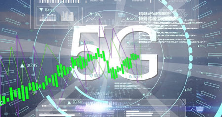 Image of 5g text, financial data processing over grid and dark background. Global finance, business,...