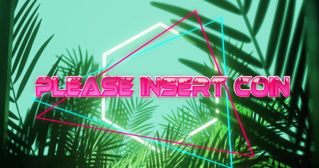 Image of please insert coin text over neon pattern background. Global image game, digital interface,...