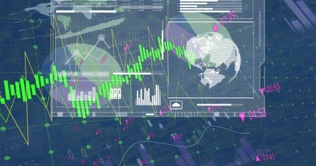 Image of financial data processing over grid and dark background. Global finance, business,...