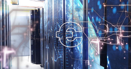 Image of euro symbol over server room. Global technology, computing, online security and digital...