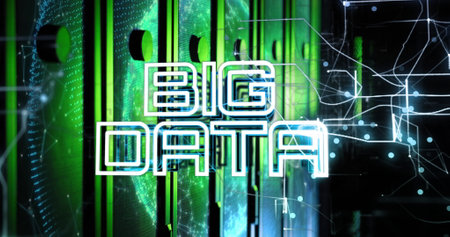 Image of big data text over server room. Global technology, computing, online security and digital...