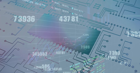 Image of financial data processing over circuit board. Global finance, business, connections,...