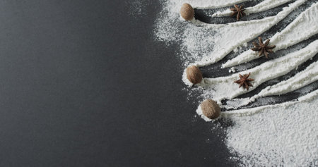 Ingredients create a pattern on a dark surface, with copy space. Spices and flour arranged artistically suggest baking or cooking at home.の写真素材