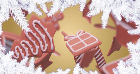 Image of fir tree over ginger bread. Christmas, celebration and digital interface concept digitally generated image.の写真素材