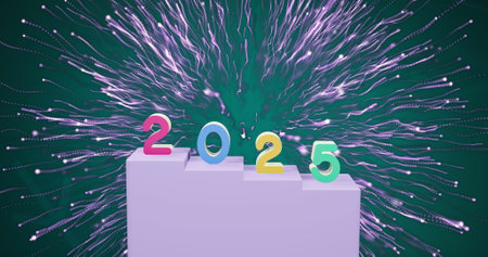 Image of 2025 text and christmas fireworks in background. New year, christmas, festivity,...