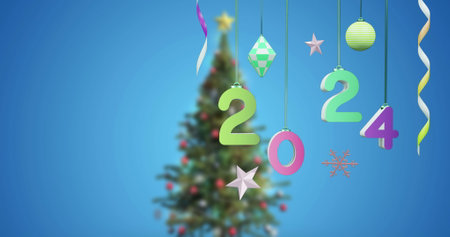 Image of 2024 text and christmas tree and decorations in background. New year, christmas, festivity, celebration and tradition concept digitally generated image.の写真素材
