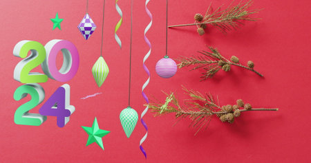 Colorful 2024 celebration decorations on a red background. The festive arrangement suggests a New...