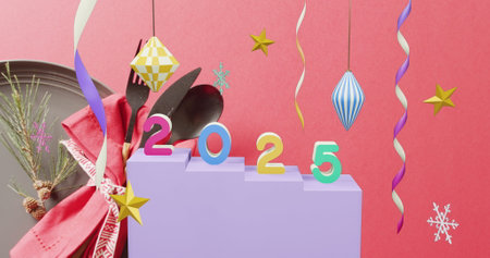 Image of 2025 text and christmas decorations in background. New year, christmas, festivity,...