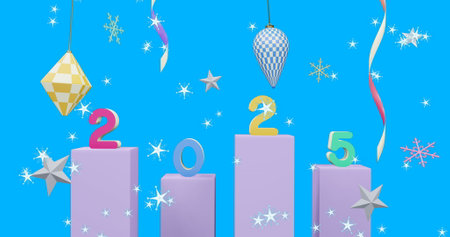 Image of 2025 text and christmas decorations in background. New year, christmas, festivity,...