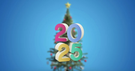 Image of 2025 text and christmas tree and decorations in background. New year, christmas, festivity,...