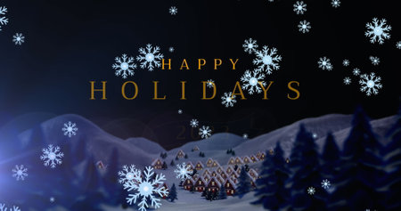 Image of snow falling over happy holidays text. Christmas, celebration and digital interface concept digitally generated image.の写真素材