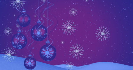 Image of christmas baubles over snow falling. Christmas, celebration and digital interface concept digitally generated image.の写真素材