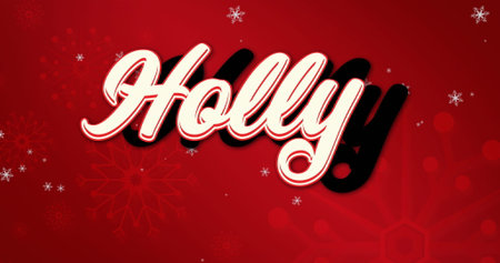 Image of snowflakes over holly text banner against red background. Christmas festivity and celebration conceptの写真素材