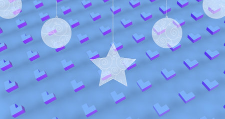 Image of christmas baubles over shapes on blue background. Christmas, tradition and celebration concept digitally generated image.の写真素材