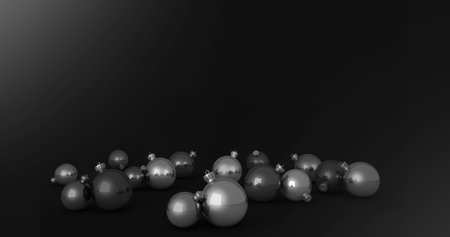 Image of christmas tree and gold baubles with processing dots on out of focus background. Christmas winter tradition and celebration concept digitally generated image.の写真素材