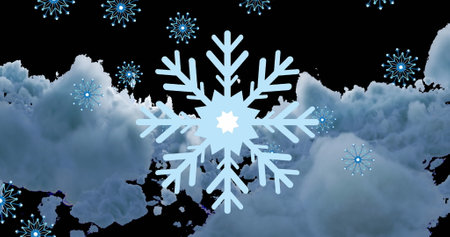 Image of snow falling at christmas over clouds. Christmas, celebration and digital interface concept digitally generated image.の写真素材