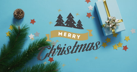 Image of merry christmas text and christmas trees over decorations and gift box. Digital composite,...