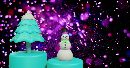 Image of colorful sprinklers splashing on rotating christmas tree and snowman. Illustration,...
