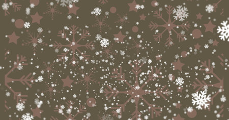 Image of snow falling over snowflakes on green background at christmas. Christmas, tradition and celebration concept digitally generated image.の写真素材