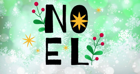Image of snow falling and noel text over snowflakes on green background at christmas. Christmas, tradition and celebration concept digitally generated image.の写真素材