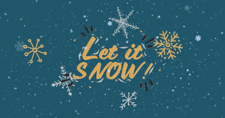 Image of snow falling and let it snow text over snowflakes on green background at christmas. Christmas, tradition and celebration concept digitally generated image.の写真素材