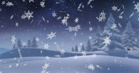 Image of snow falling over winter landscape background. Christmas winter tradition and celebration concept digitally generated image.の写真素材
