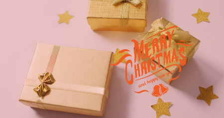 Image of merry christmas and happy new year text over presents on white background. Christmas,...