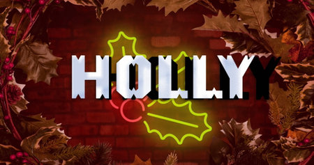 Image of holly text banner over neon mistletoe icon against red brick wall and leaves. Christmas festivity and celebration conceptの写真素材