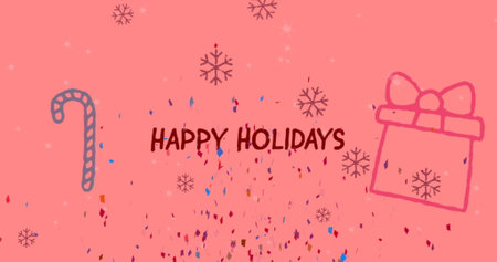Image of snow falling over christmas greetings text and christmas decoration and pattern. Christmas, festivity, celebration and tradition concept digitally generated image.の写真素材
