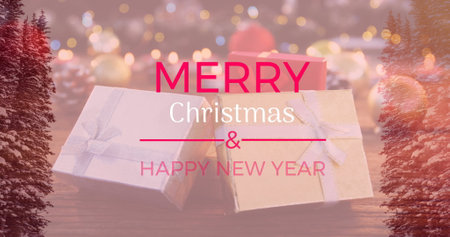 Image of merry christmas text over christmas decorations. christmas, celebration and digital...