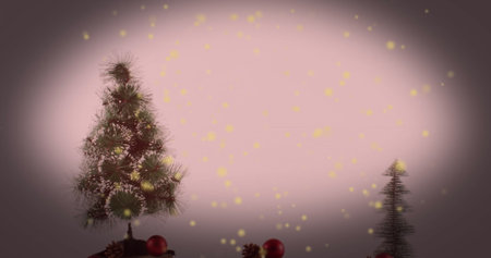 Image of yellow spots of light against a christmas tree and copy space on grey background. Christmas festivity and celebration conceptの写真素材