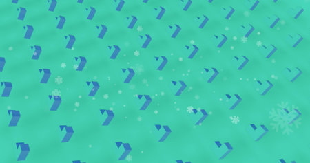 Image of 3d shapes in seamless pattern over snowflakes falling against green background. Christmas...