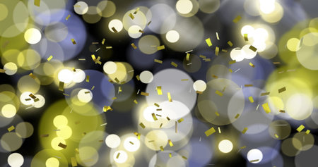 Image of gold confetti falling over defocussed white and yellow christmas lights. Christmas, winter, festivity, tradition and celebration concept digitally generated image.の写真素材
